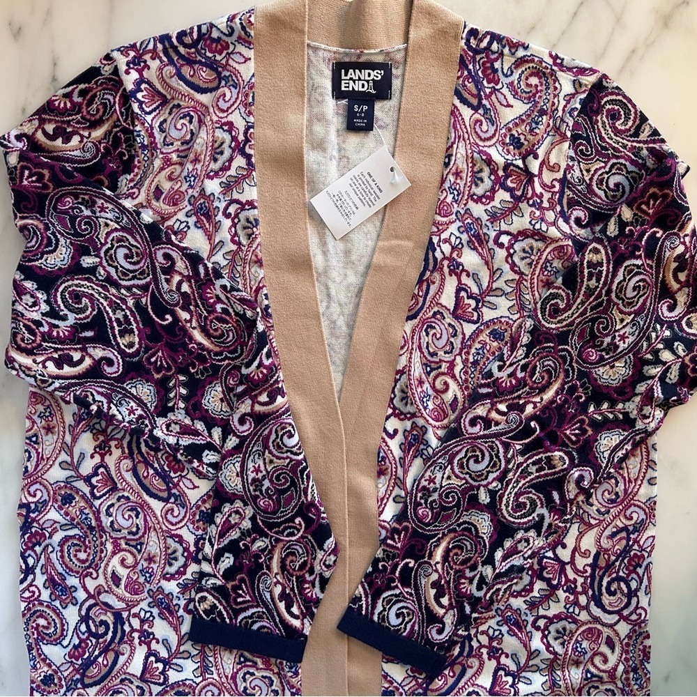 NWT Lands End Womens Paisley Print Open Front Cardigan Sweater Size SP